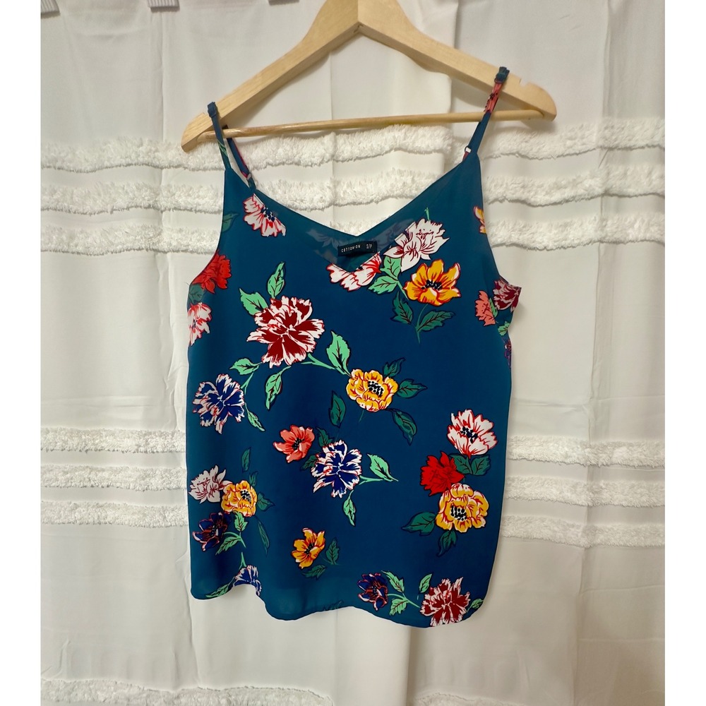 Y2K Cotton On Floral V-Neck Cami Teal Blue Adjustable Straps Tank Top Fairy Sz S